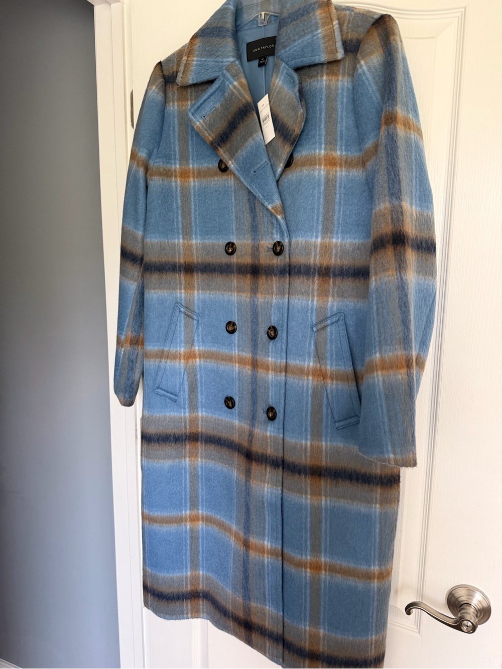 Ann Taylor Blue & Brown Plaid Double-Breasted Wool Pea Coat
